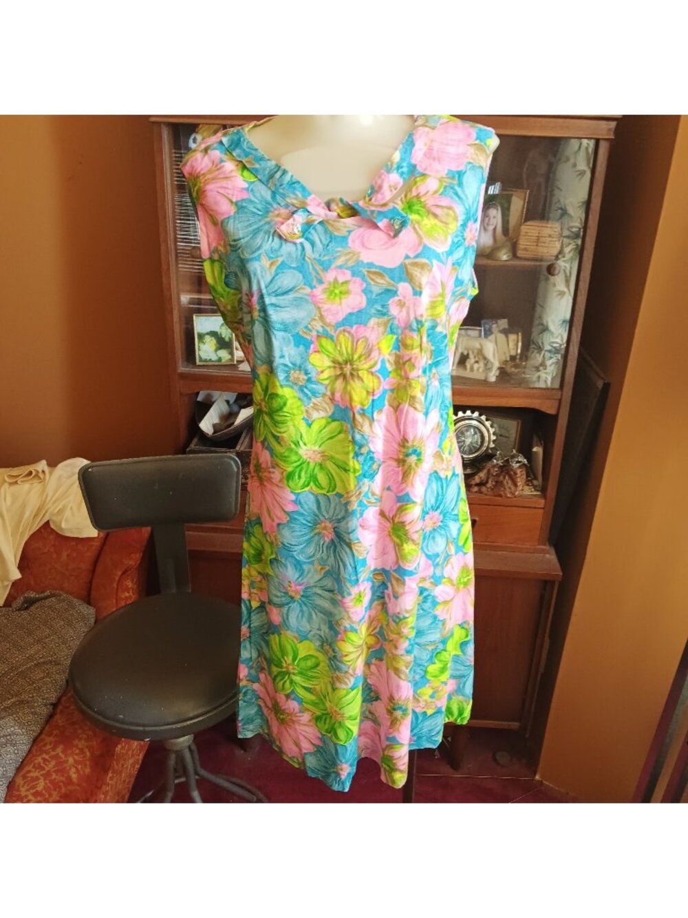 1960's Handmade sz 10 True Vintage Dress Floral Sleeveless Bow Summer Church Mom - Picture 1 of 7